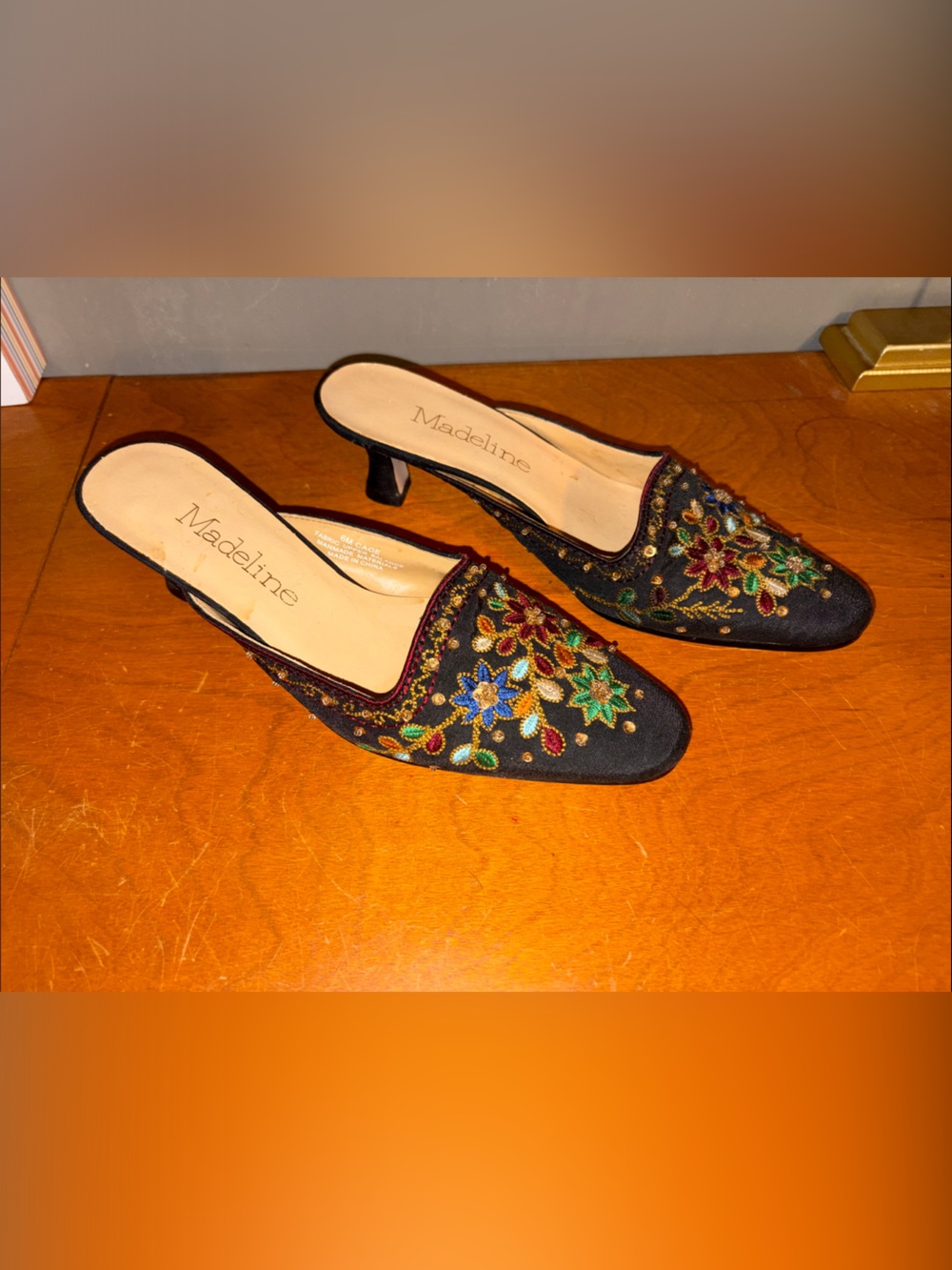 Madeline Black Embroidered Floral Slip-On Mules